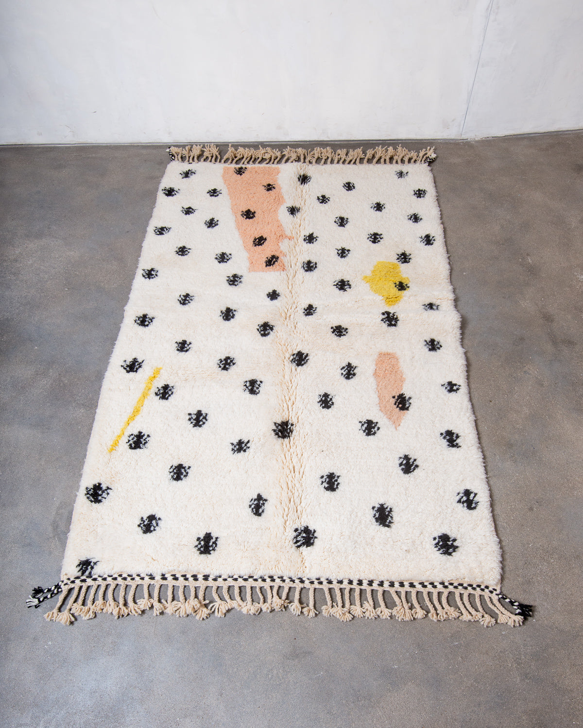 Modern, designer, handcrafted Berber rug from Morocco. Beniourain carpet with beautiful colours and patterns and fluffy wool texture.